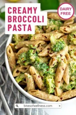 Bowl filled with dairy free broccoli pasta