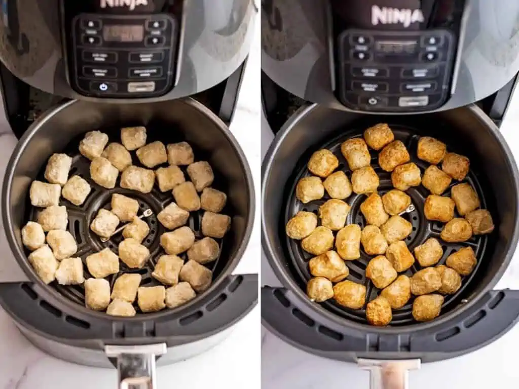 Before and after cooking cauliflower gnocchi in the air fryer.