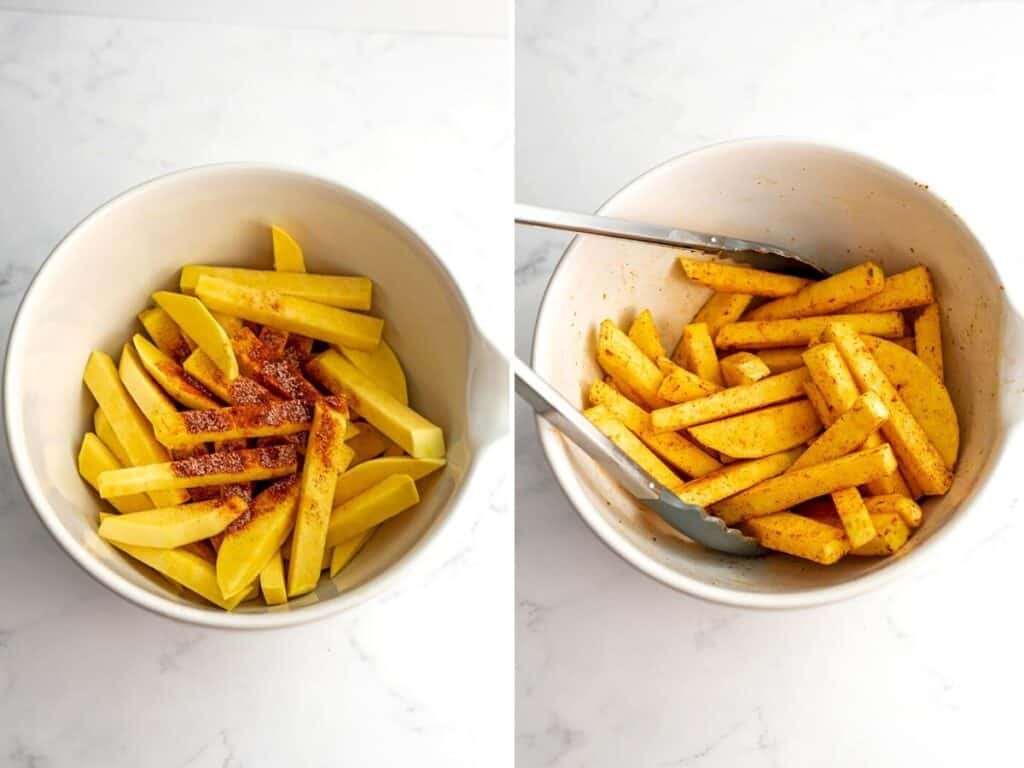 White bowl filled with rutabaga fries with spices on top.