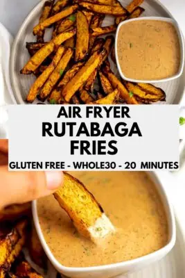 Air fryer rutabaga fries on an ivory plate.