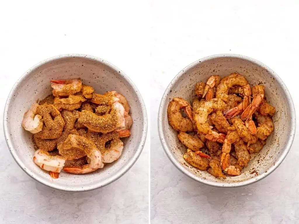Taco seasoning on raw shrimp before and after stirring.