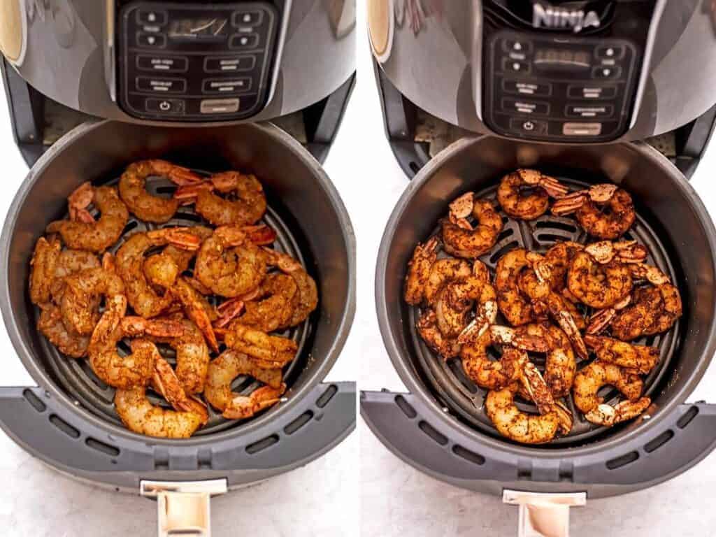 Air fryer shrimp tacos before and after cooking.