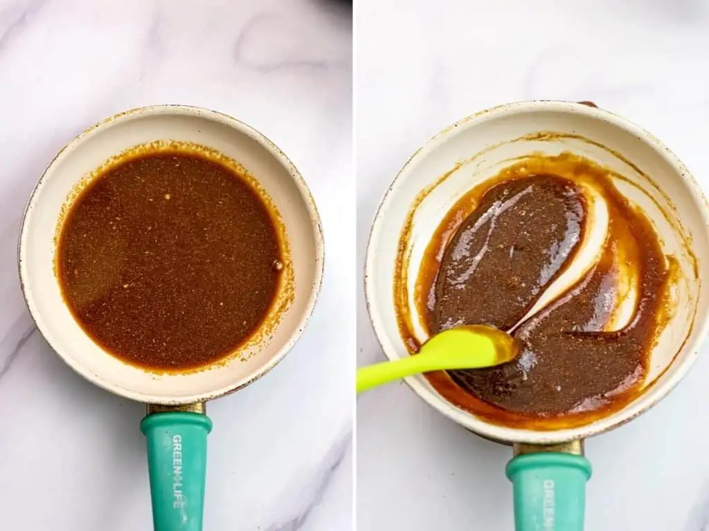 Before and after cooking the teriyaki glaze in a small skillet with a green handle.