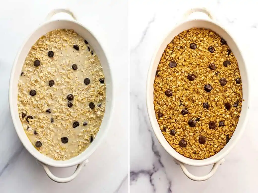 Before and after baking chocolate chip baked oats.