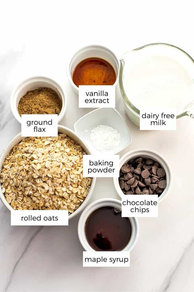 Ingredients to make chocolate chip oat bake in ramekins.