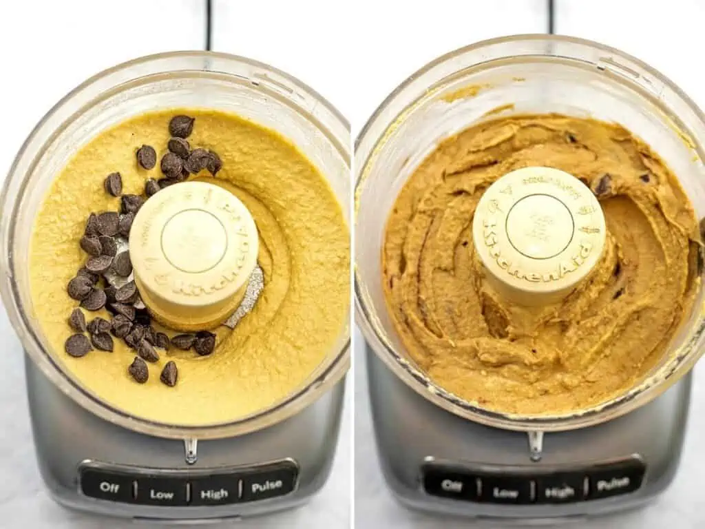 Before and after blending chocolate chips into hummus.