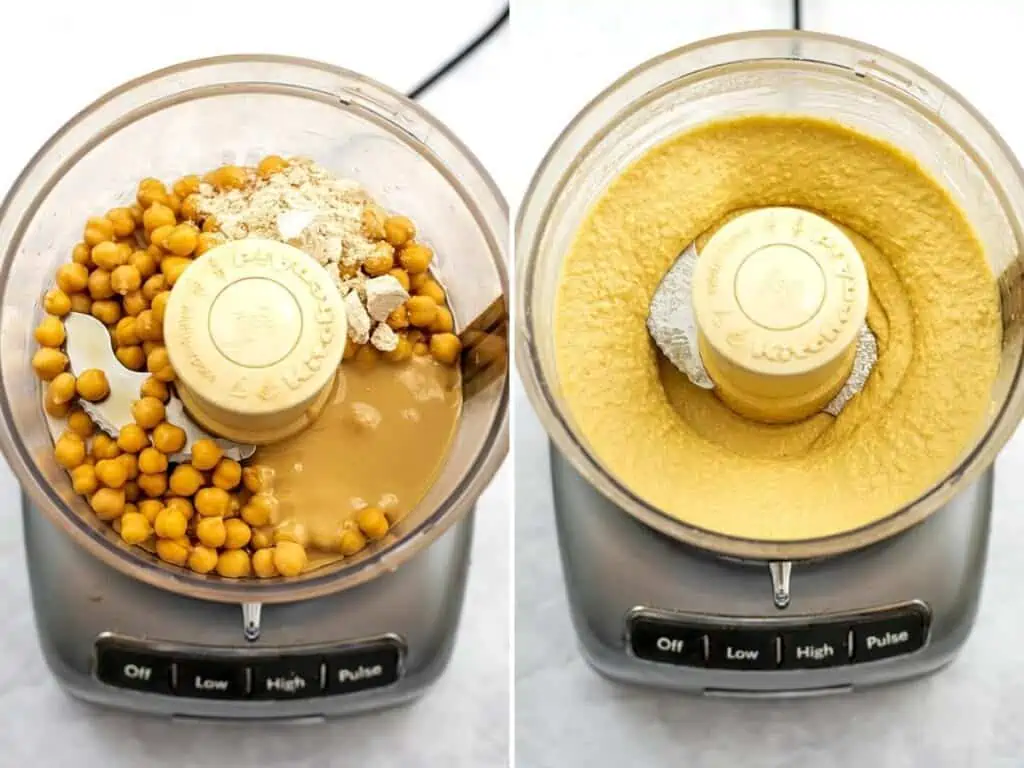 Before and after blending the cookie dough hummus ingredients in a food processor.