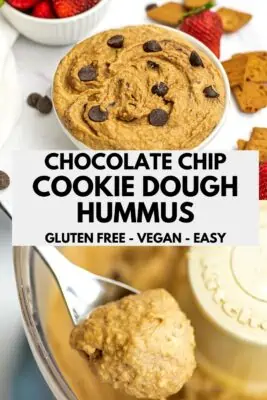 Cookie dough hummus in a bowl and in a food processor.