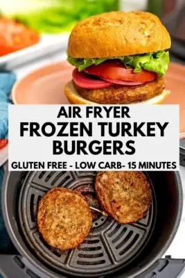 Air fryer frozen turkey burger on a bun and in the air fryer.