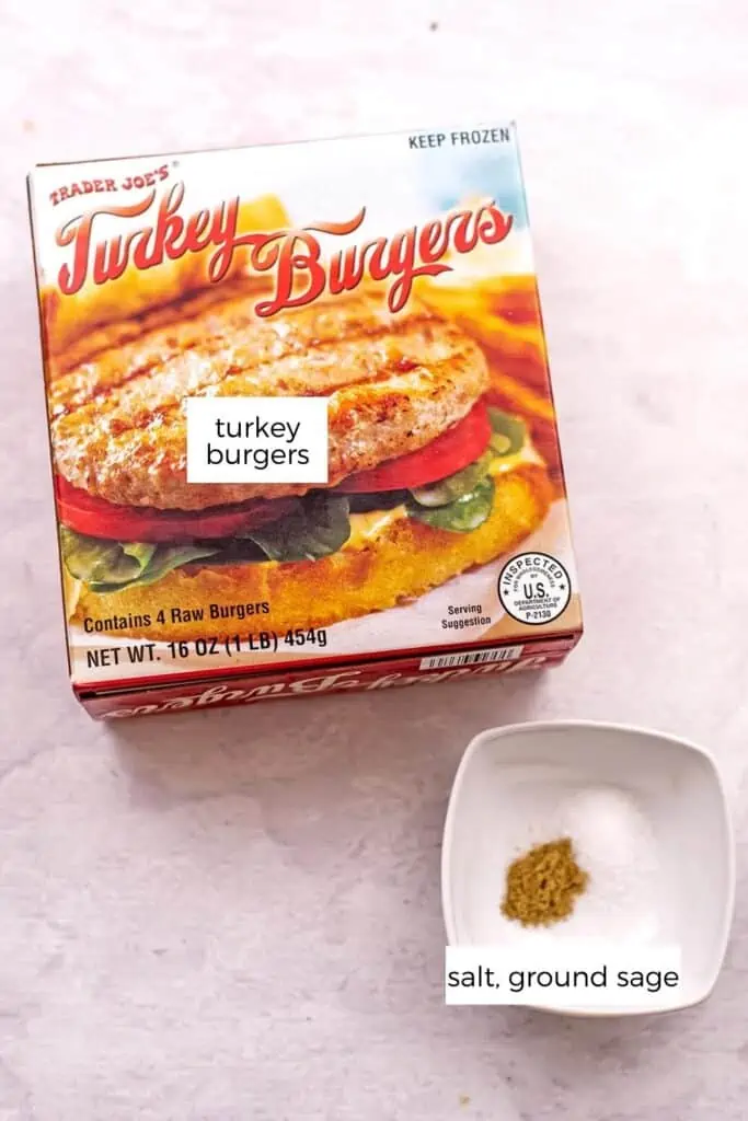 Ingredients to make air fryer frozen turkey burgers.