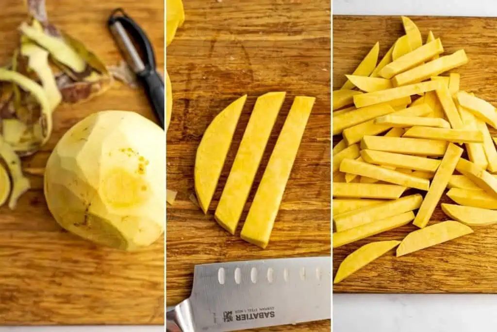 Steps on how to peel and cut a rutabaga into fries.