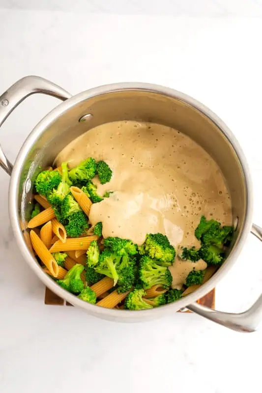 White bean cashew sauce poured over the broccoli and pasta in a pot.