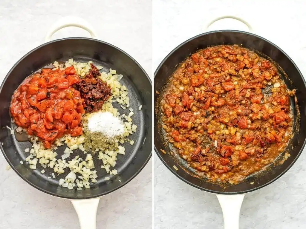 Diced tomatoes, sundried tomatoes, spices added to skillet with sauteed onions.