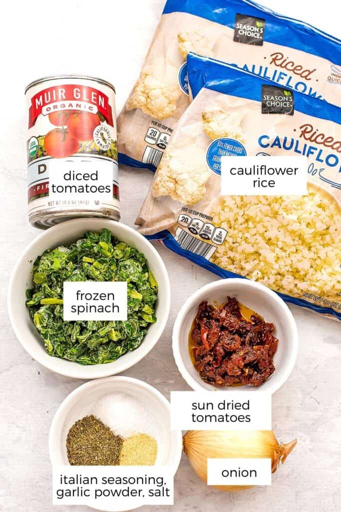 Ingredients to make Italian cauliflower rice in bowls and ramekins.