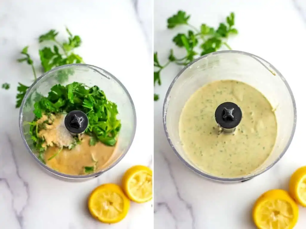 Before and after blending lemon herb tahini in small food processor.