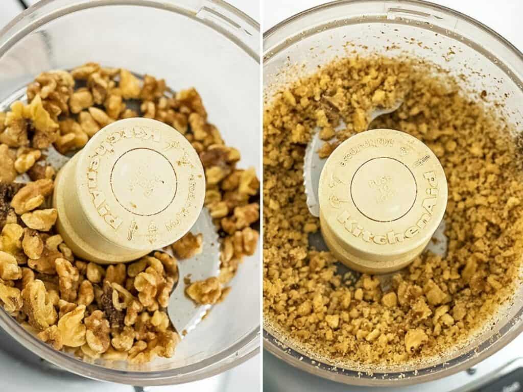 walnuts in a food processor before and after processing. 