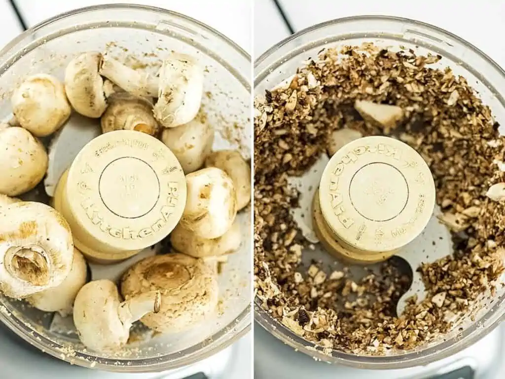 white button mushrooms in a food processor before and after processing.