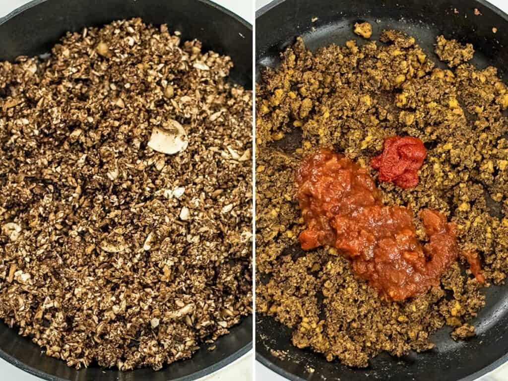 Vegan walnut taco meat before and after adding salsa and spices.