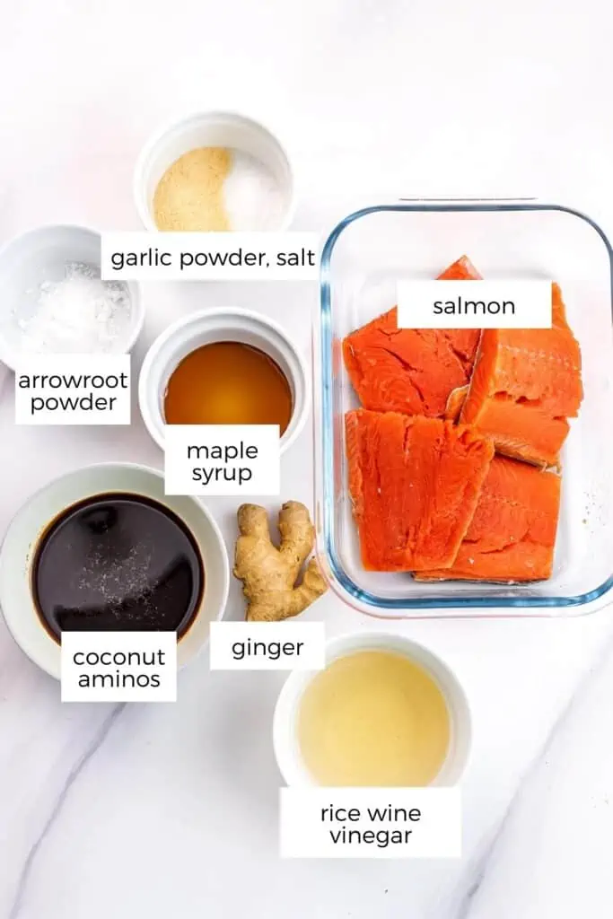 Ingredients to make air fryer teriyaki salmon in ramekins and glass containers.