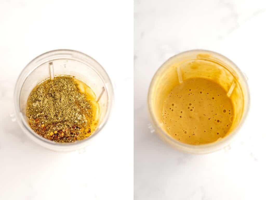 Before and after blending the ingredients to make the creamy white pasta sauce.