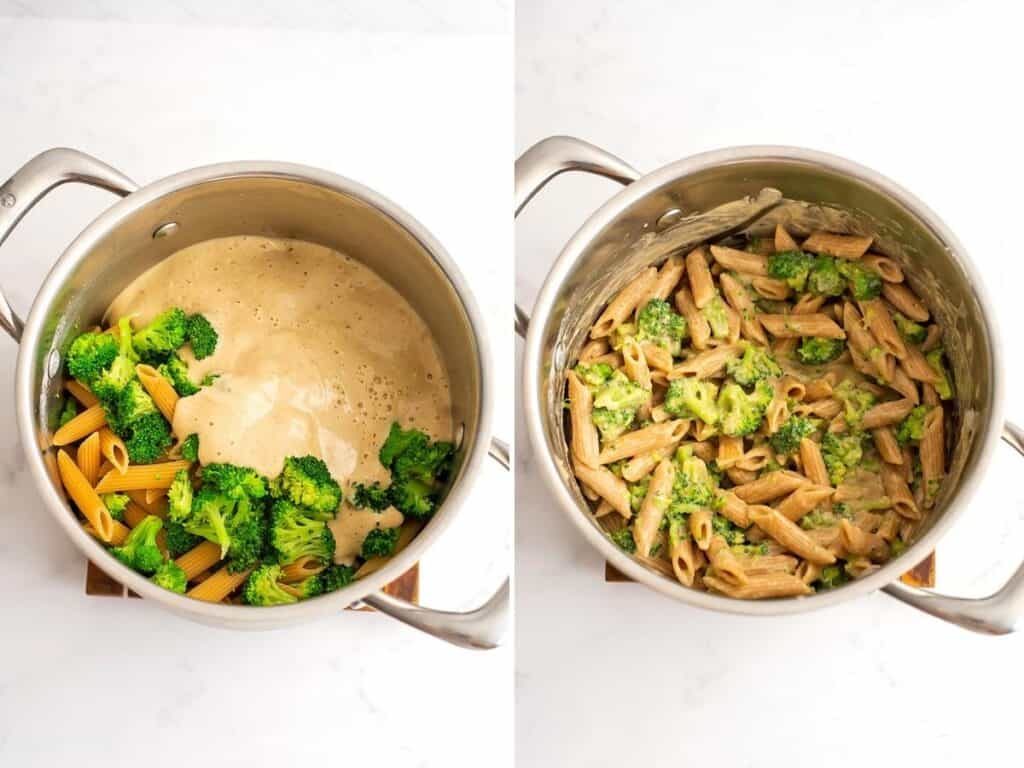 Before and after stirring the white sauce into the broccoli and pasta in a pot.