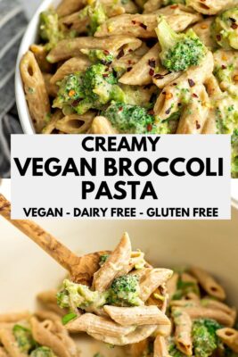 Vegan broccoli pasta in a bowl and pot.
