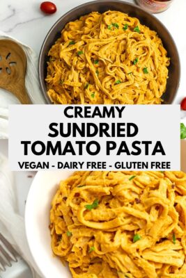 Creamy vegan sun dried tomato pasta in a grey bowl.