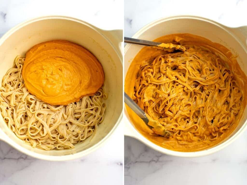 Creamy sundried tomato alfredo poured over pasta in a white pot.