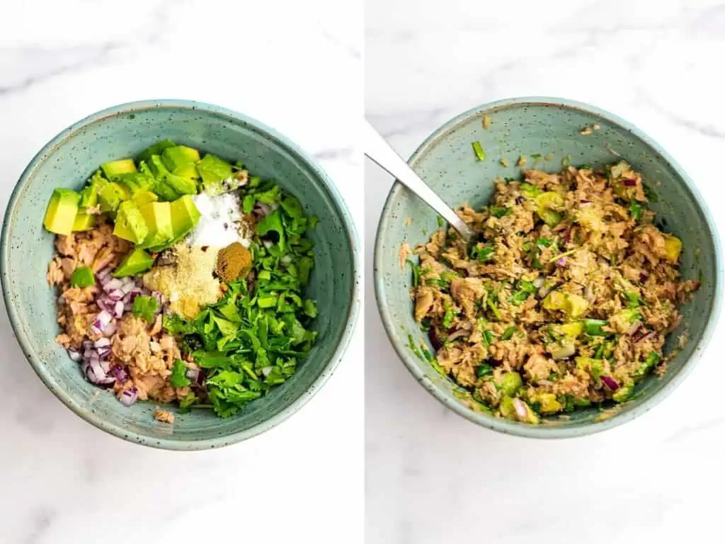 Before and after stirring Mexican tuna salad.