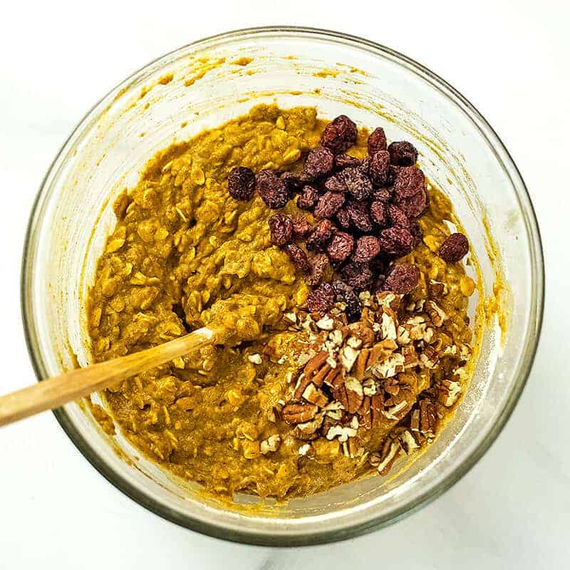 Chopped pecans and dried cranberries added to the oatmeal mixture.