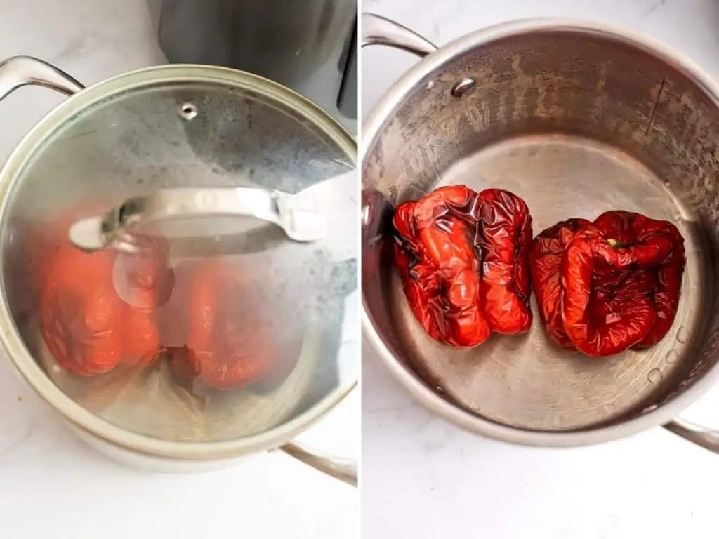 Air fryer roasted red peppers in a pot with a lid on.