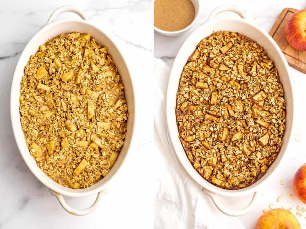 Before and after baking apple pie baked oatmeal.
