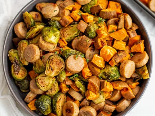 Sheet pan kielbasa, sweet potatoes and brusselsprouts 2 packages kiel