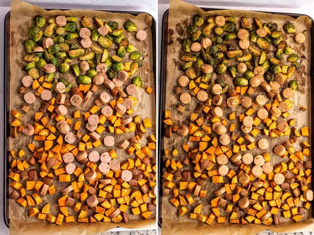 Chicken apple sausage sheet pan dinner before and after cooking.