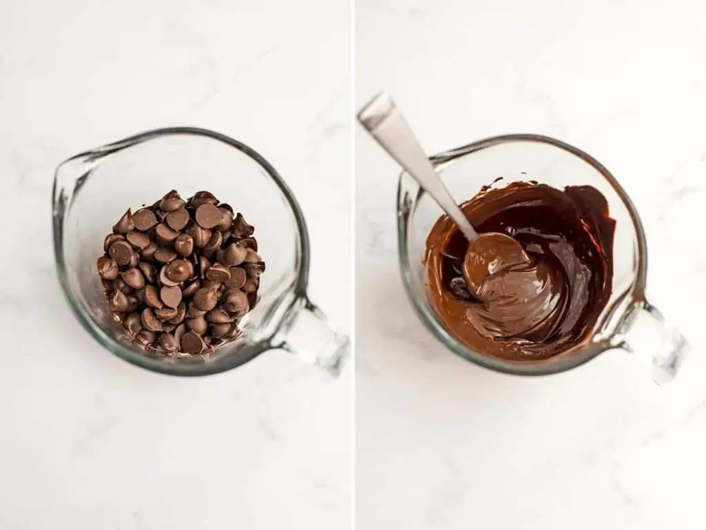Before and after stirring melted chocolate chips.