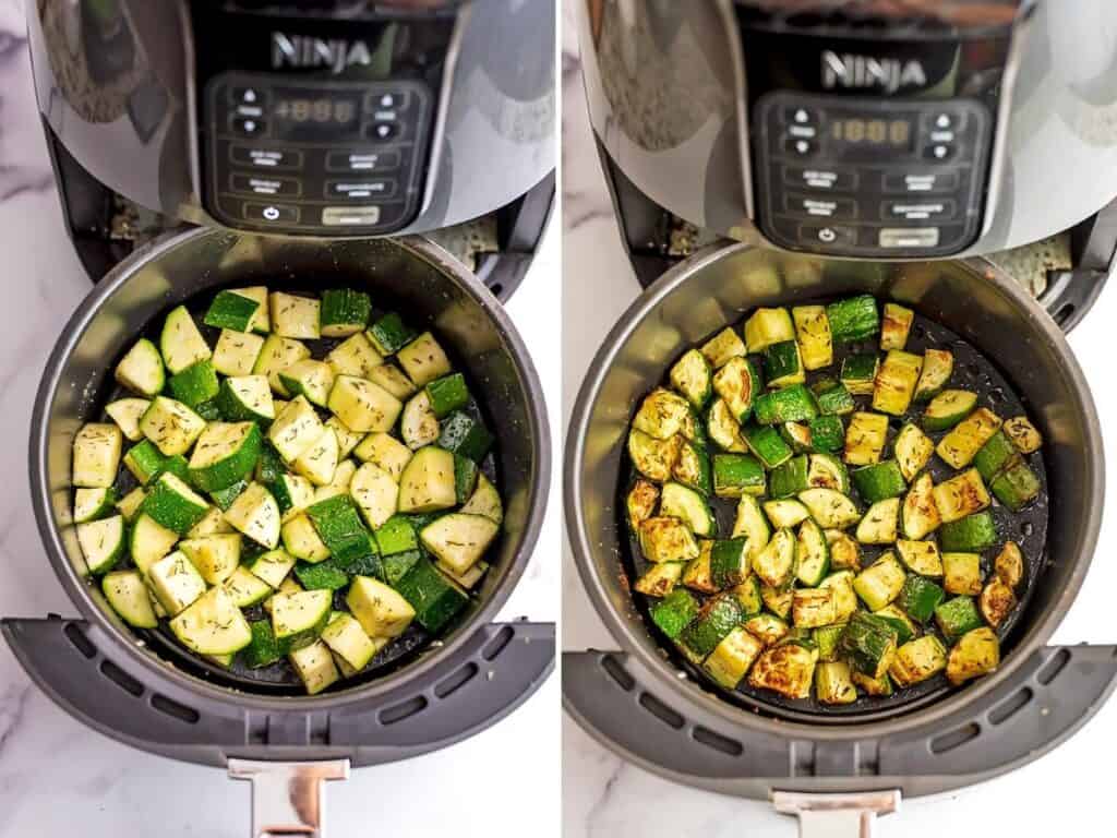 Before and after roasting zucchini in the air fryer.