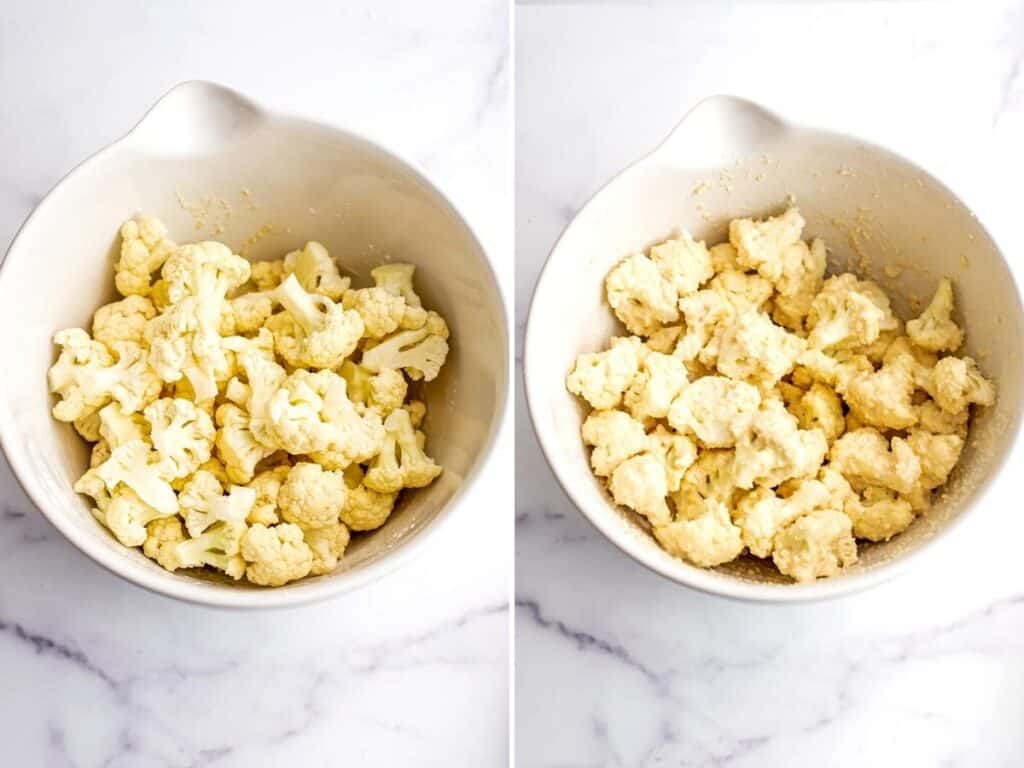 Before and after coating the cauliflower.