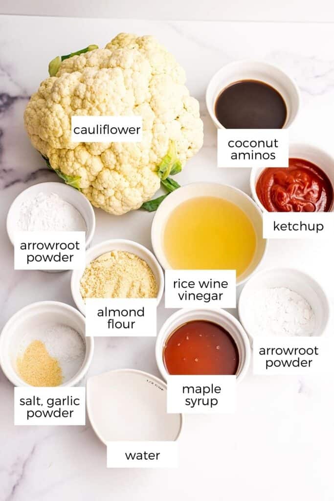 Sweet and sour cauliflower ingredients in white ramekins.