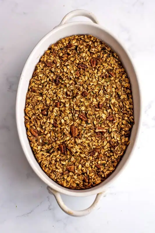 Zucchini oatmeal in casserole dish after baking