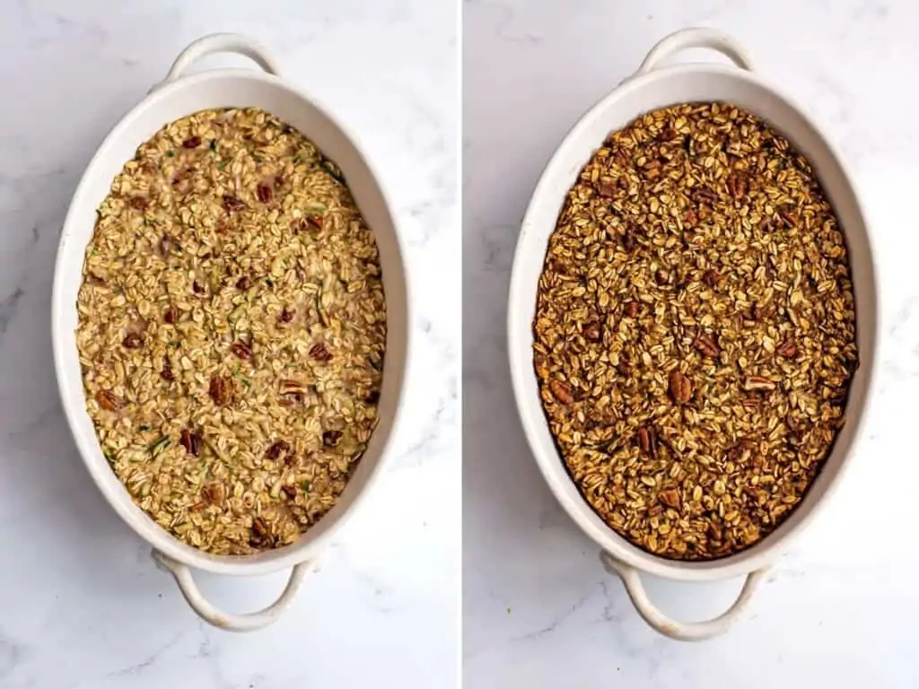 Zucchini baked oatmeal before and after baking.