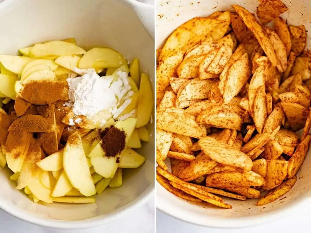 Sliced apples with spices and arrowroot in bowl before and after stirring.