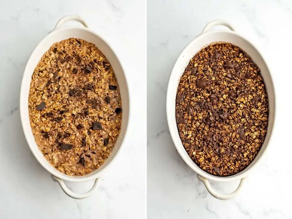 Before and after baked oatmeal bakes in the oven.