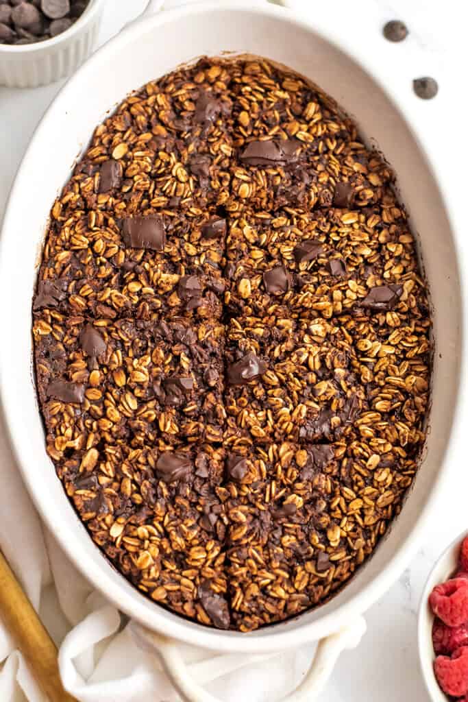 Casserole dish filled with chocolate baked oatmeal.