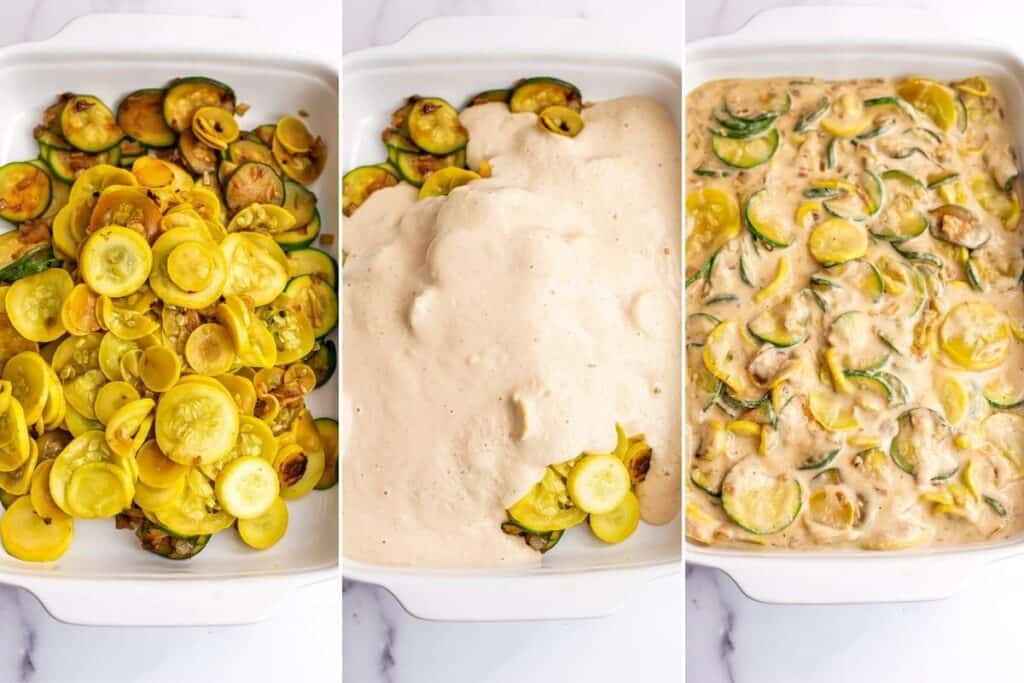 Cooked squash in casserole dish with creamy sauce poured over the top.