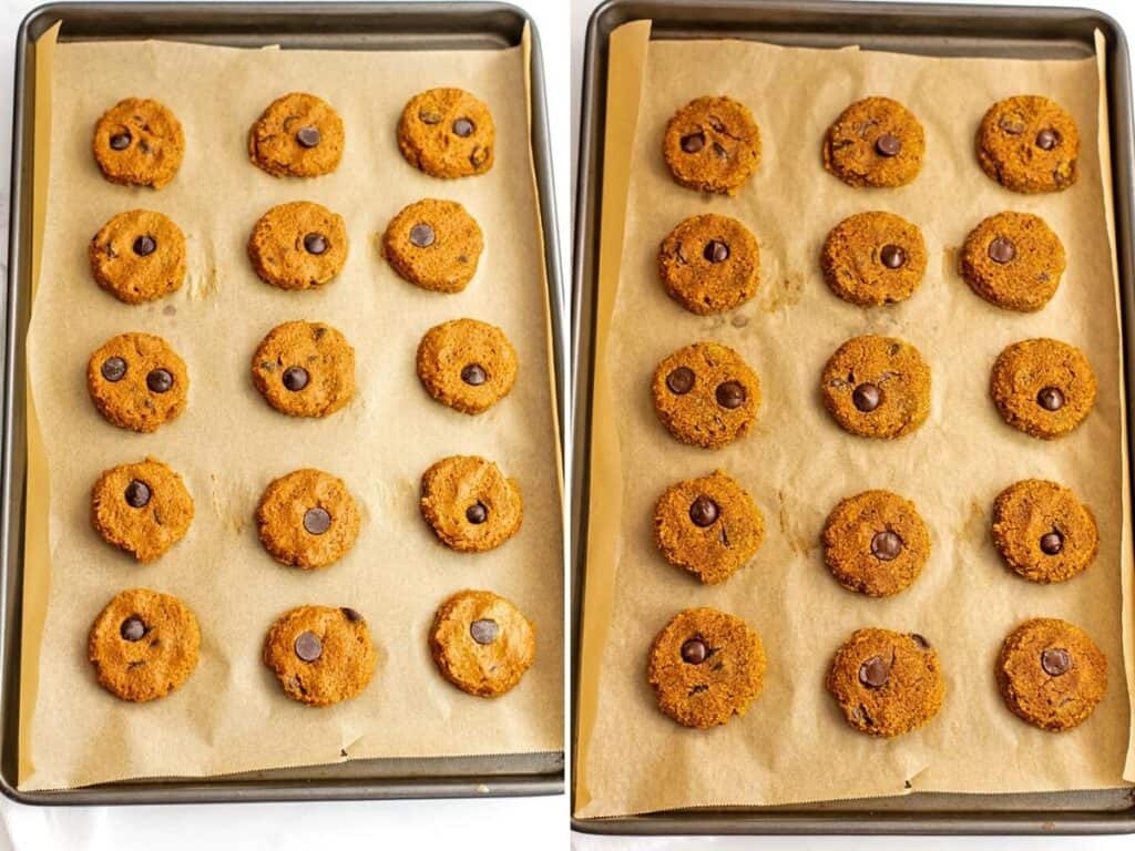 Gluten free pumpkin cookies on parchment paper lined baking sheet before and after baking.