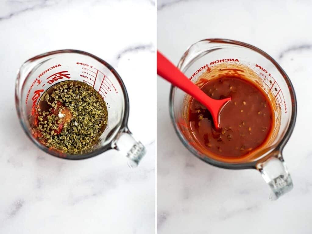 Before and after stirring together the ingredients to make sloppy joe sauce.