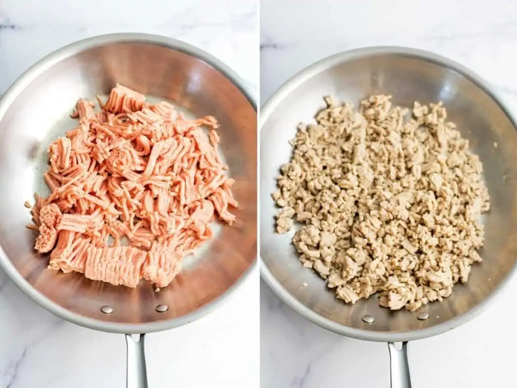 Before and after cooking ground chicken in a skillet.