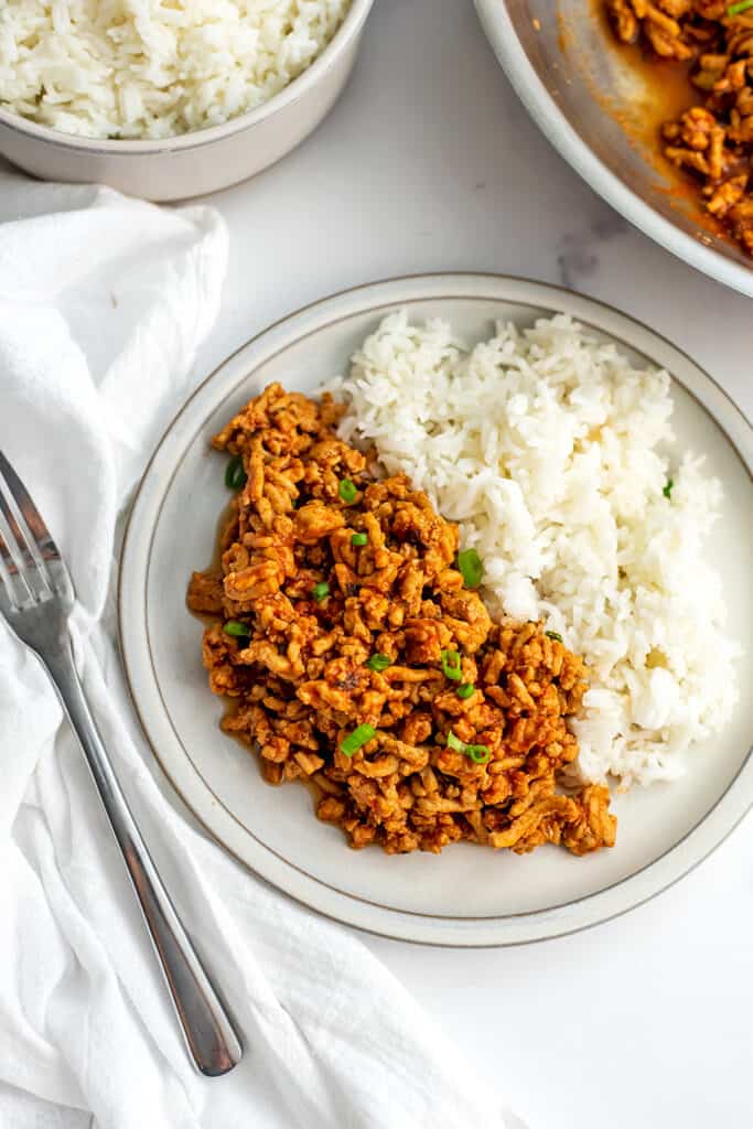 White plate with rice and ground chicken sloppy joes, with fork on the side.