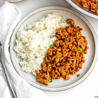 White plate filled with rice and sloppy joes with ground chicken.