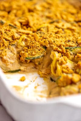 Large portion removed from casserole dish.